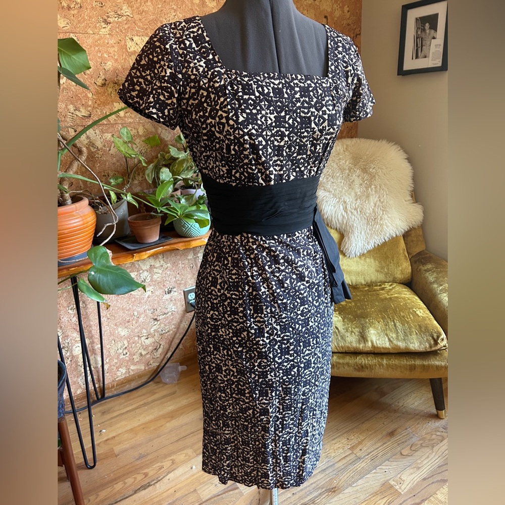 Square-Neck Black and Cream Printed Midi Dress with Waist Sash